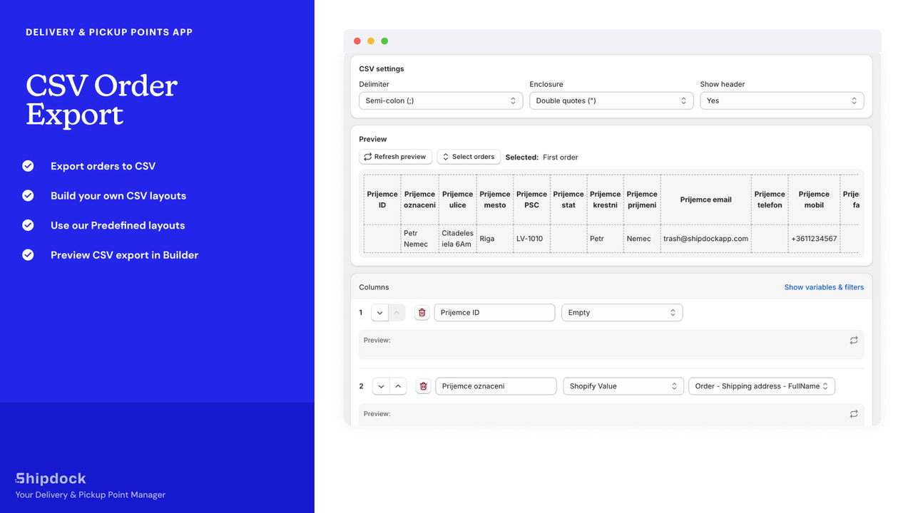 Export orders to CSV with your own or preset layouts