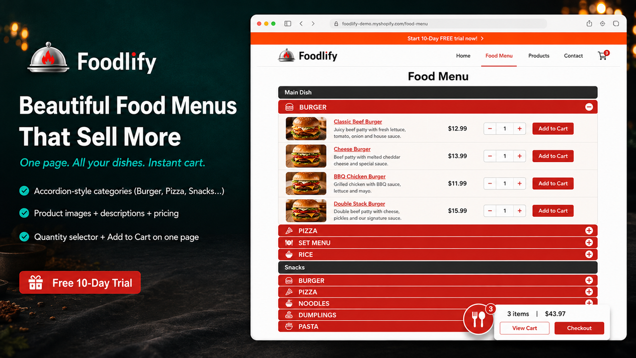 Foodlify food menu with instant cart ordering