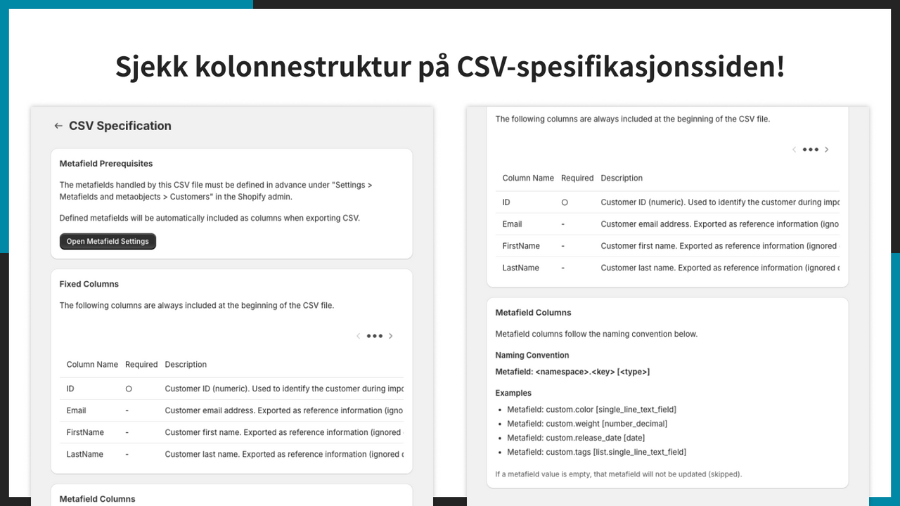 Sjekk kolonnestruktur på CSV-spesifikasjonssiden!