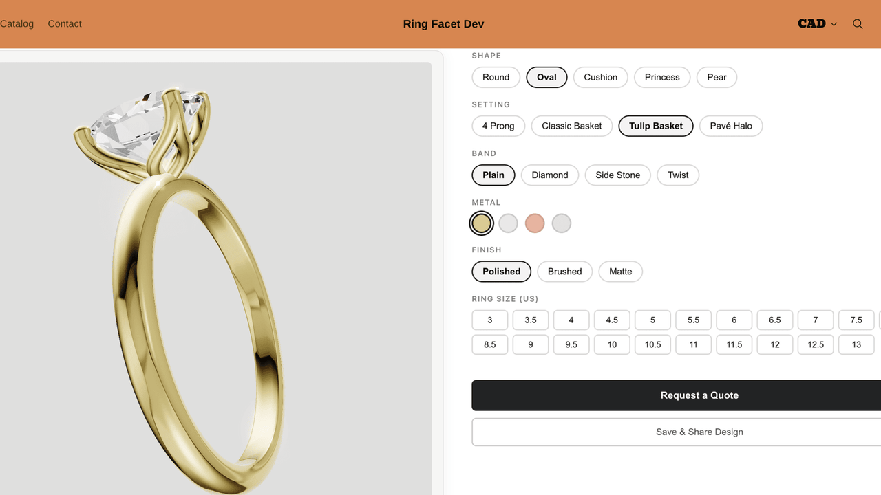 Left side 3D interactive ring rendering & right side settings