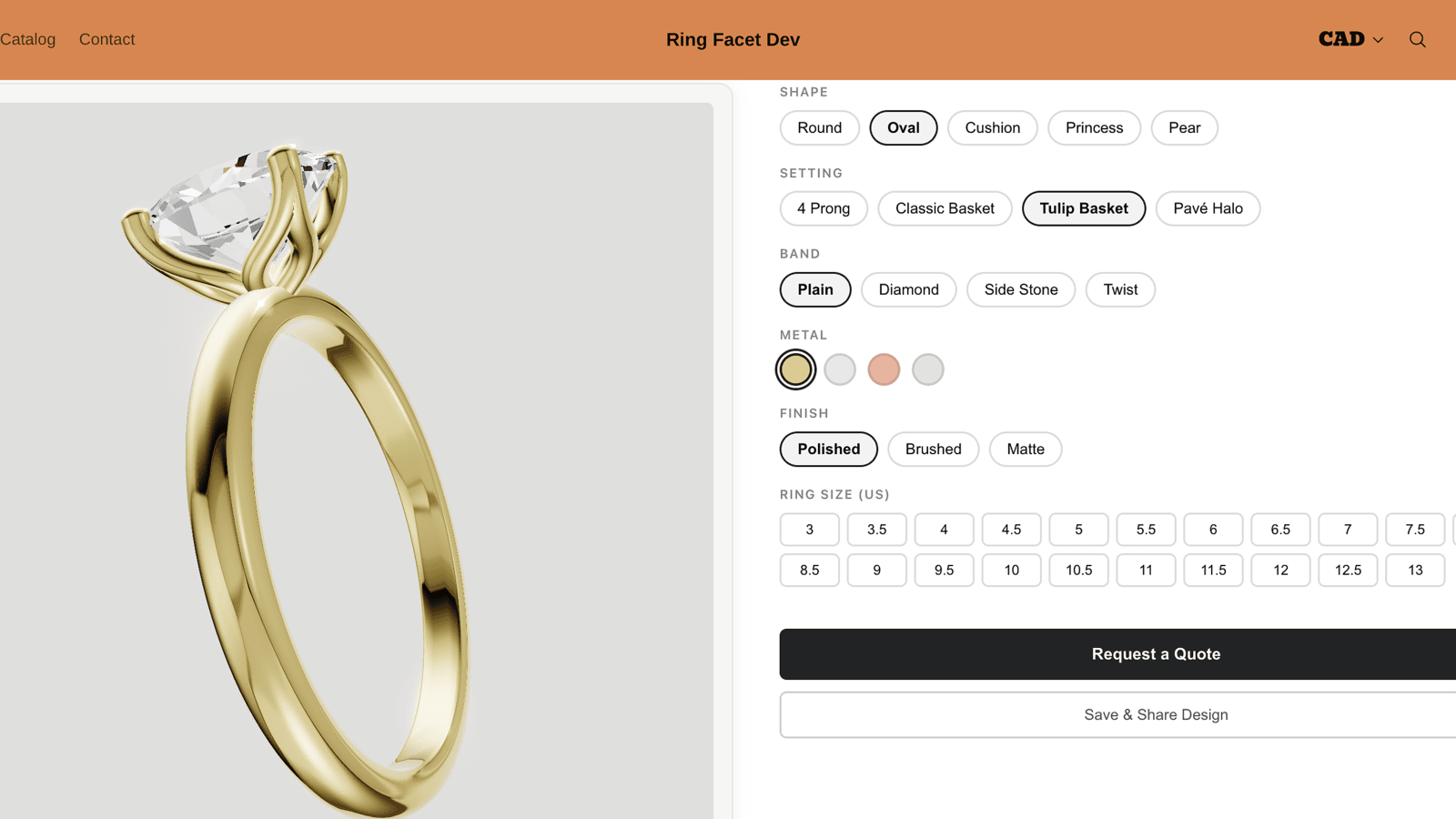 Left side 3D interactive ring rendering & right side settings