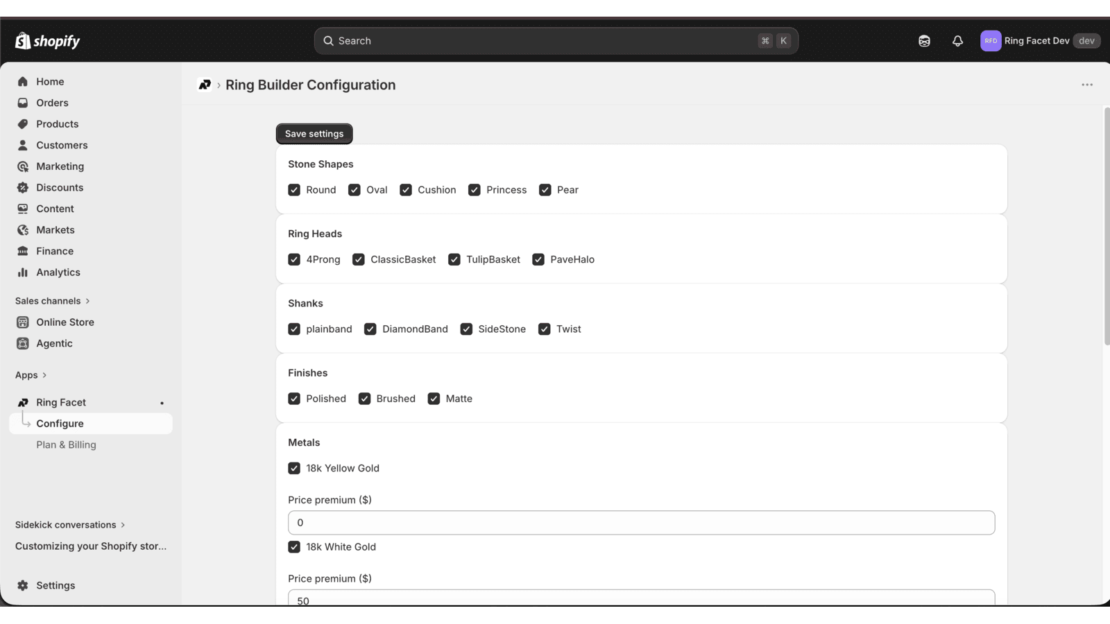 App settings and options in admin view