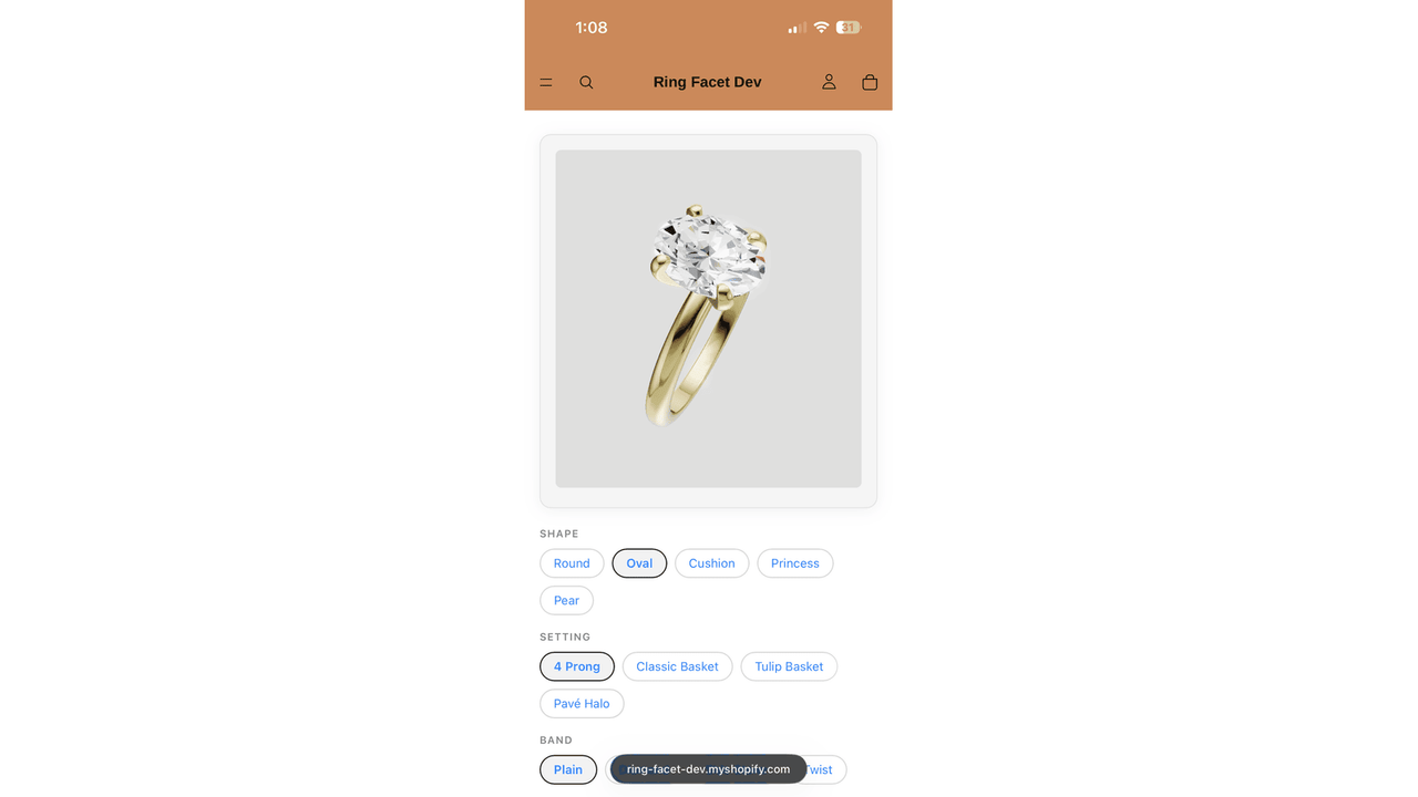 Mobile screenshot showing interactive ring builder and settings