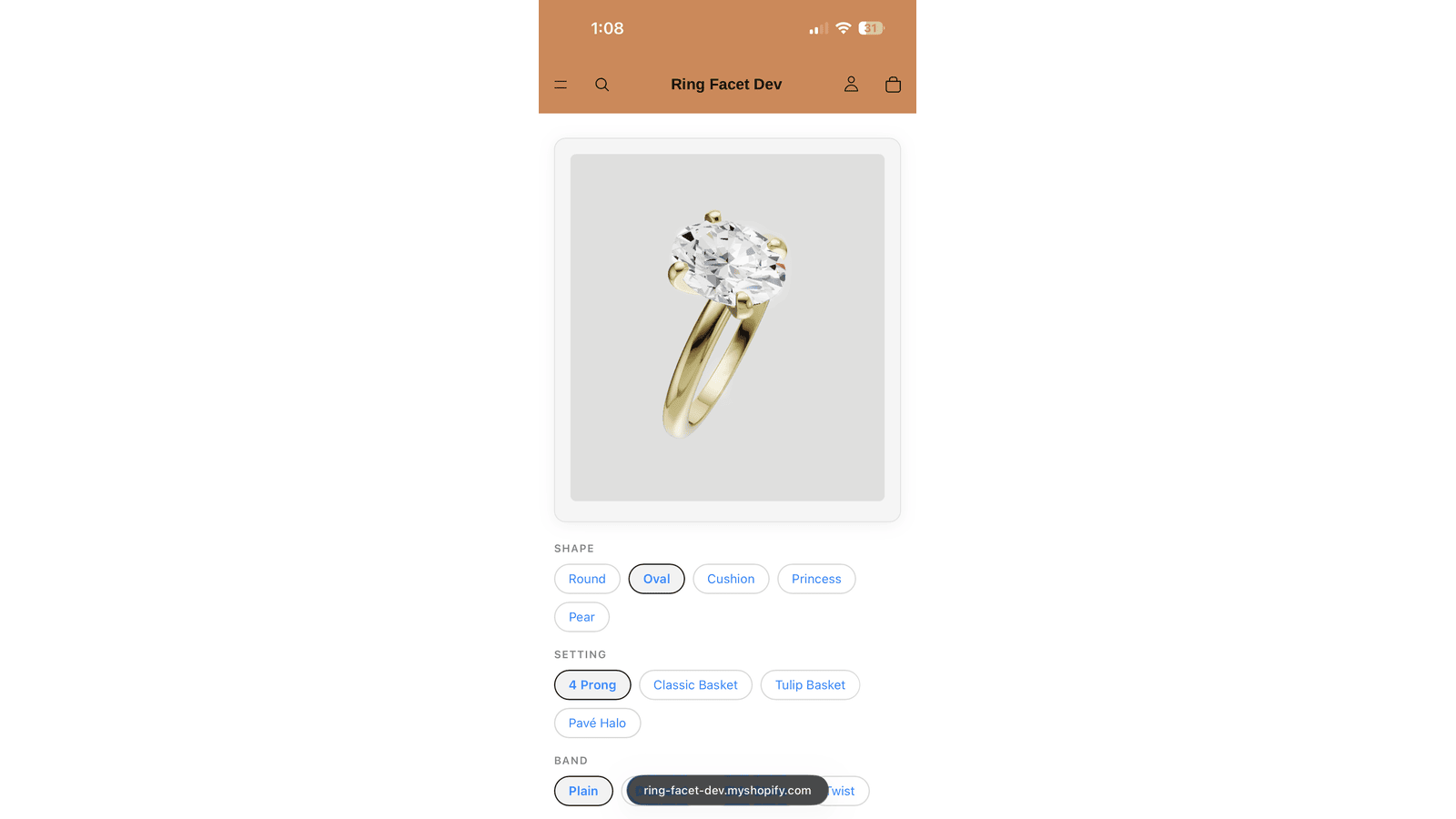 Mobile screenshot showing interactive ring builder and settings