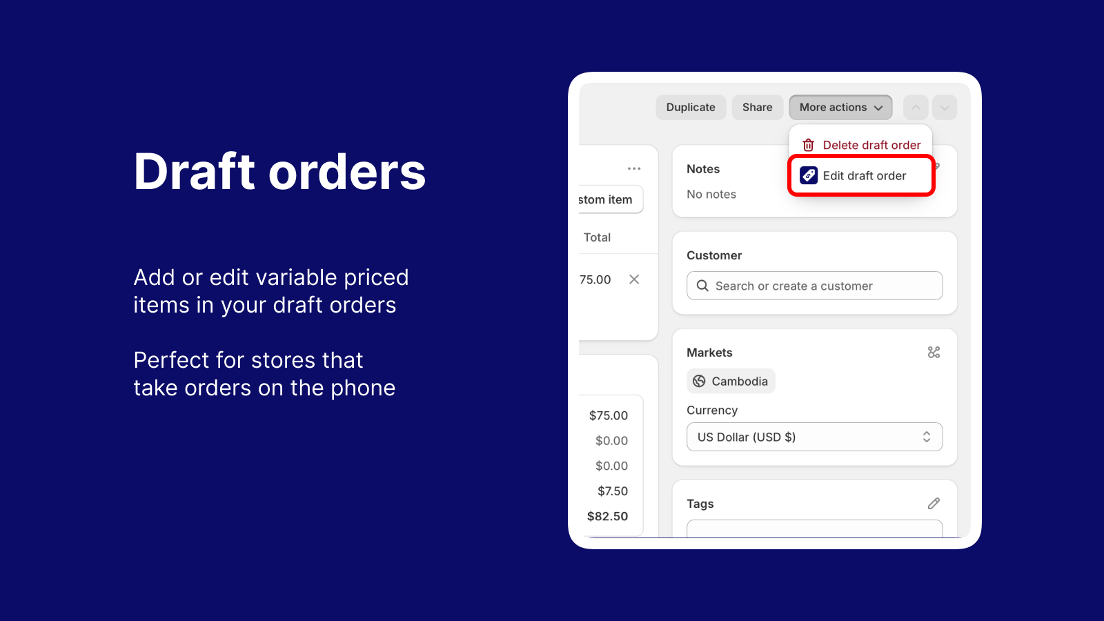 Create and edit draft orders with variable priced items