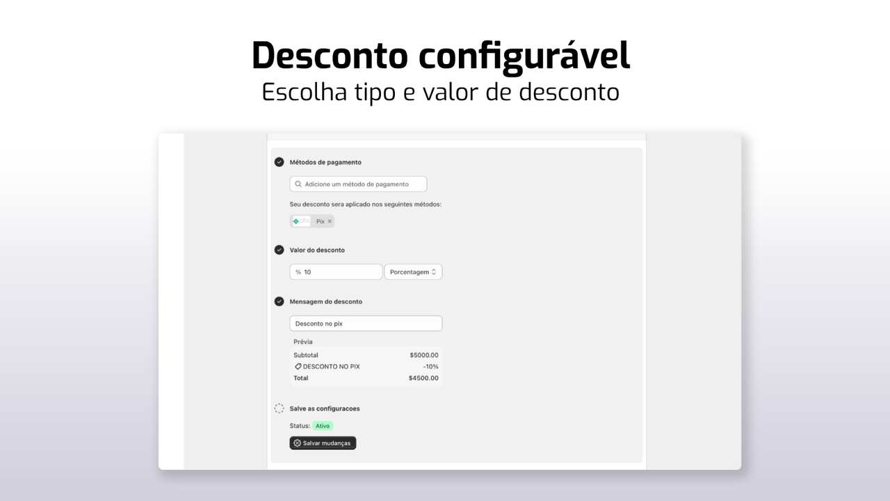 Escolha tipo e valor de desconto
