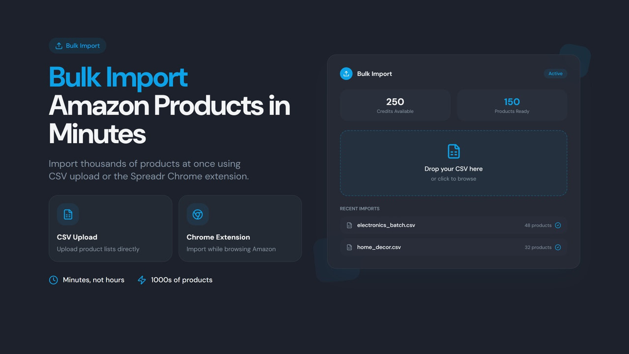 Import thousands of Amazon products via CSV or Chrome Extension