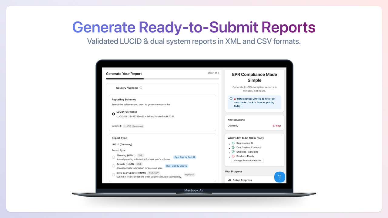 Generate validated EPR reports in XML and CSV
