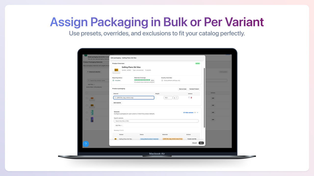 Bulk edit product packaging materials for EPR
