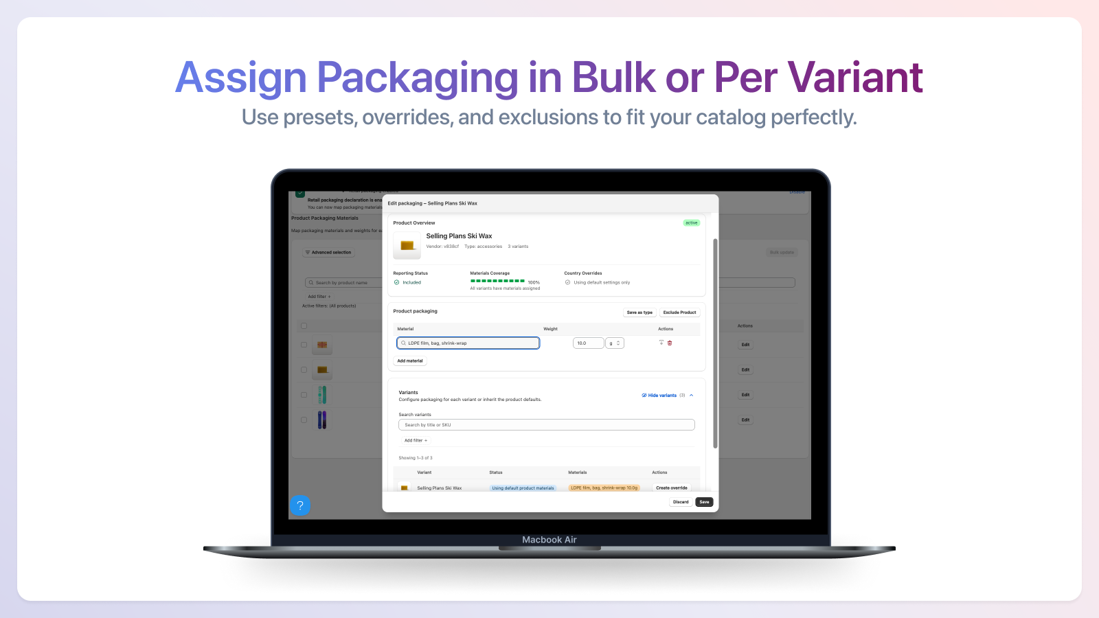 Bulk edit product packaging materials for EPR