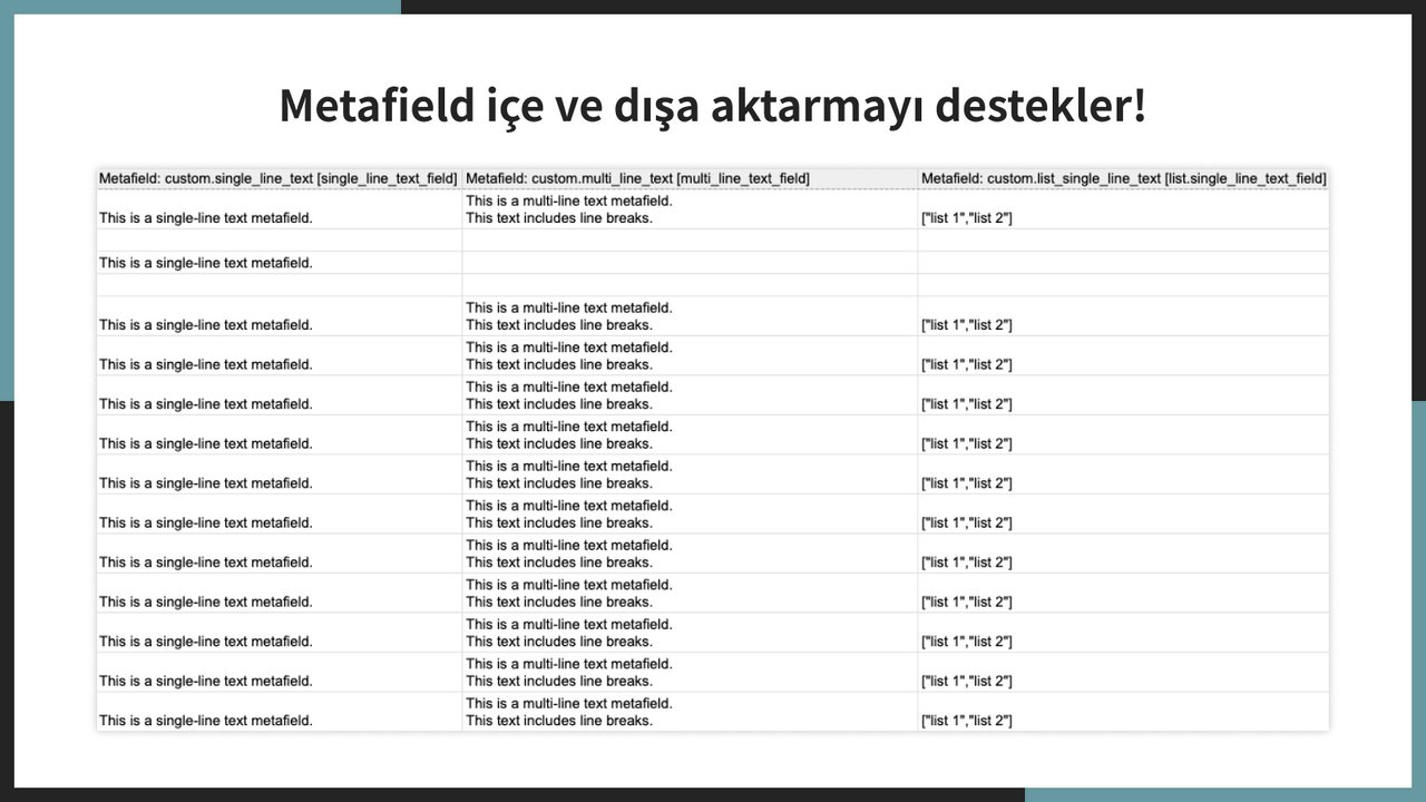 Metafield içe ve dışa aktarmayı destekler!