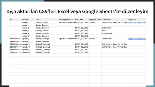 Dışa aktarılan CSV'leri Excel veya Google Sheets'te düzenleyin!