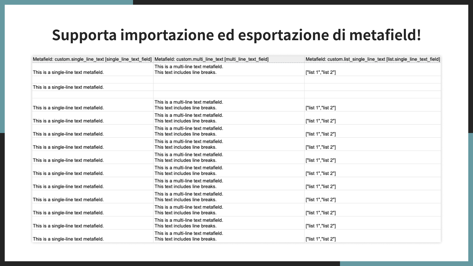Supporta importazione ed esportazione di metafield!