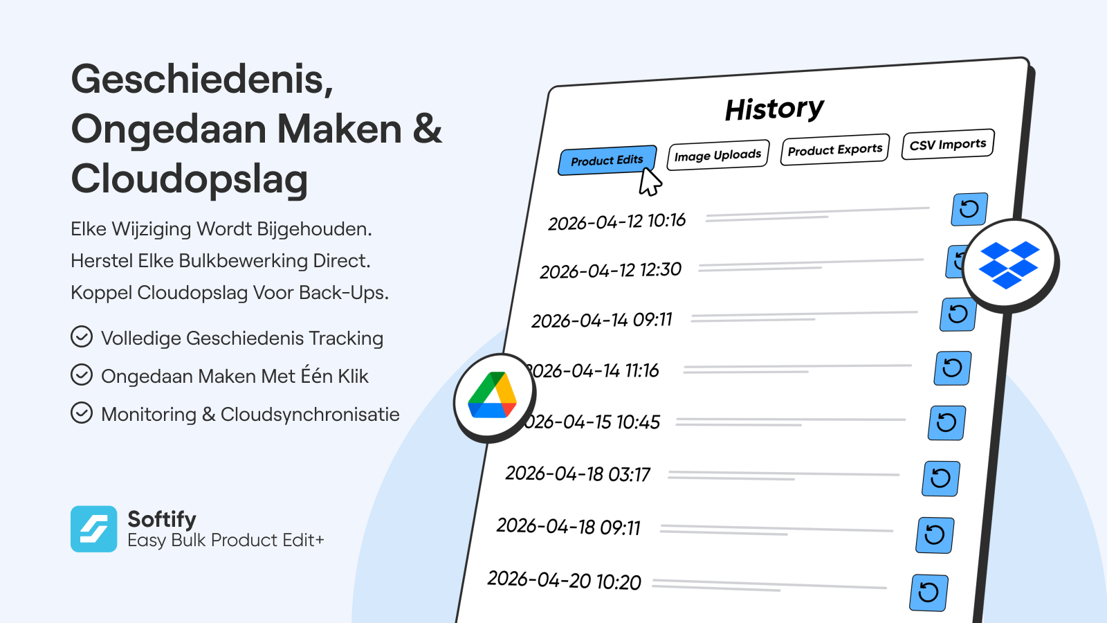 Geschiedenis, herstel met één klik en cloud-sync.