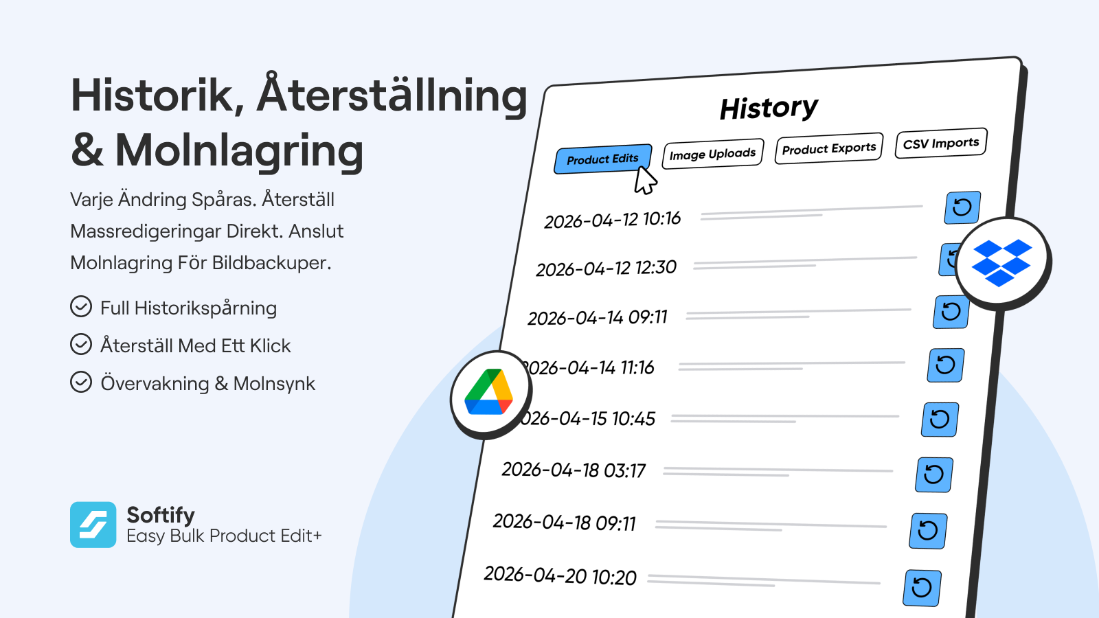 Historik, återställning med ett klick & molnsynk.