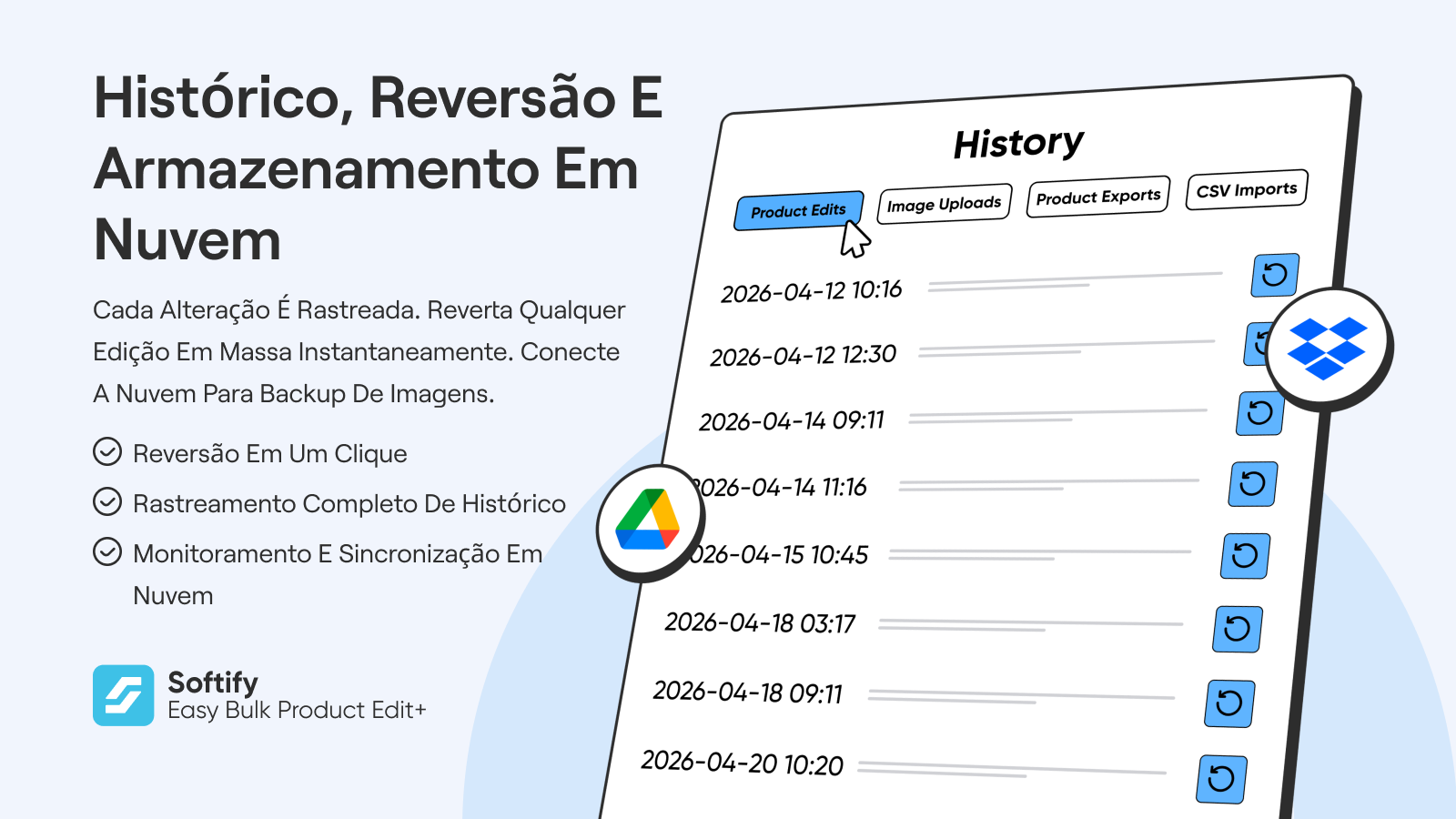 Histórico, reversão num clique e sincronização cloud.