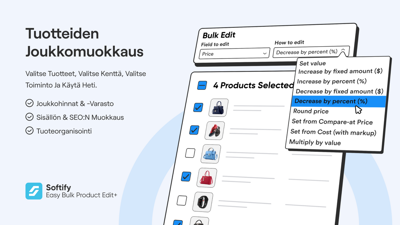 Massamuokkaus: kentät, toiminnot, esikatselu ja CSV.