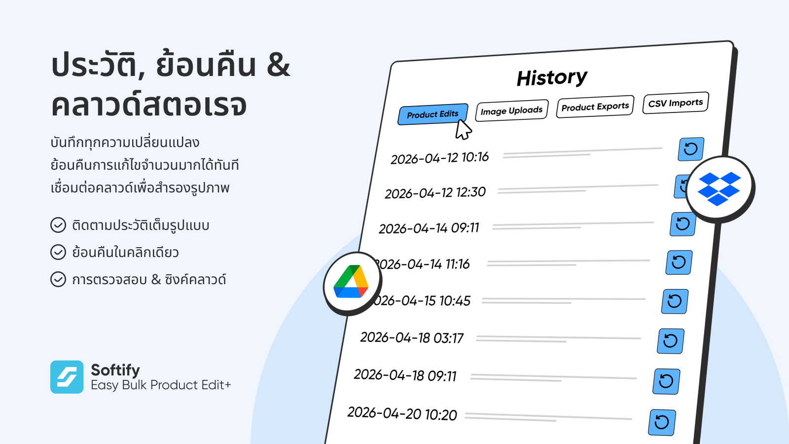 บันทึกประวัติ, ย้อนกลับในคลิกเดียว และซิงค์คลาวด์