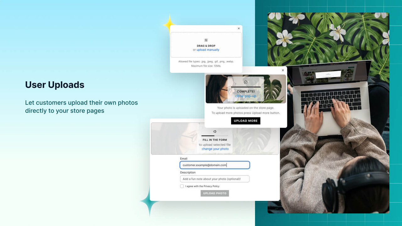 Customer photo upload form with drag and drop on store page