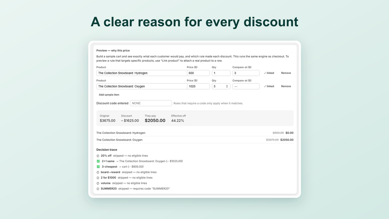 StackGuard trace showing which rule set each discount