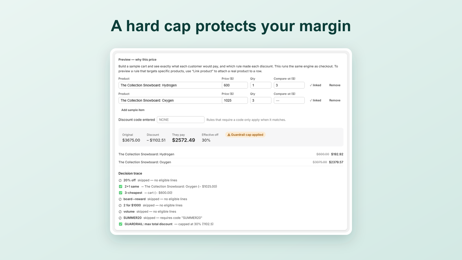 Guardrail caps the total discount at the merchant's maximum