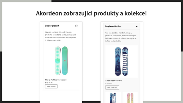 Akordeon zobrazujici produkty a kolekce!