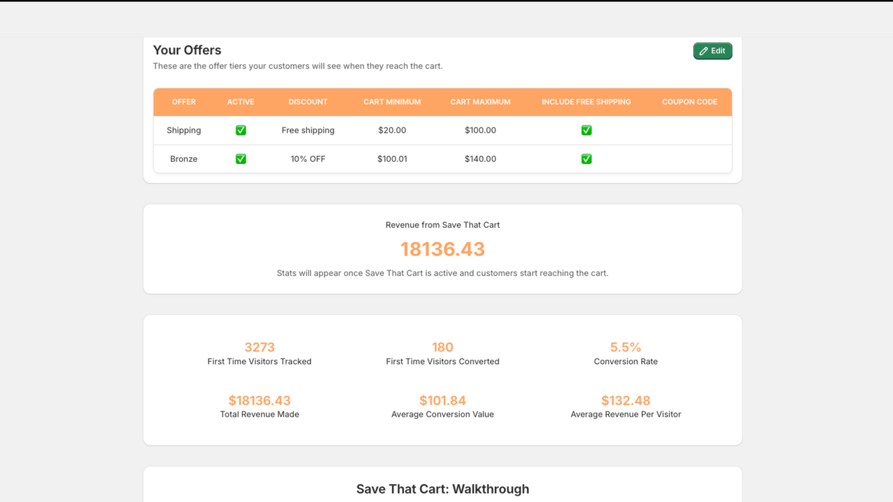 Save That Cart dashboard showing earnings and active offers.