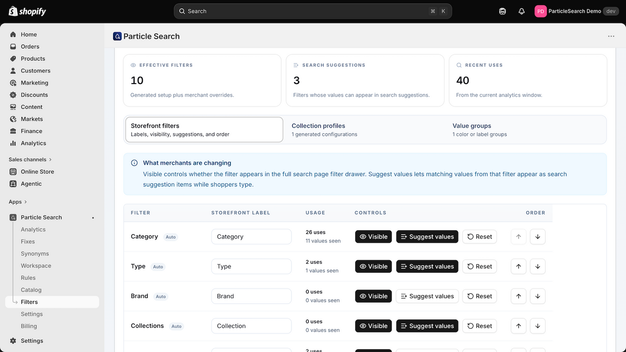 Filters tab: Filter management