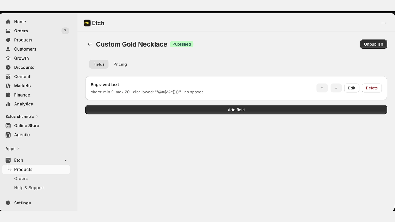 Product form field page
