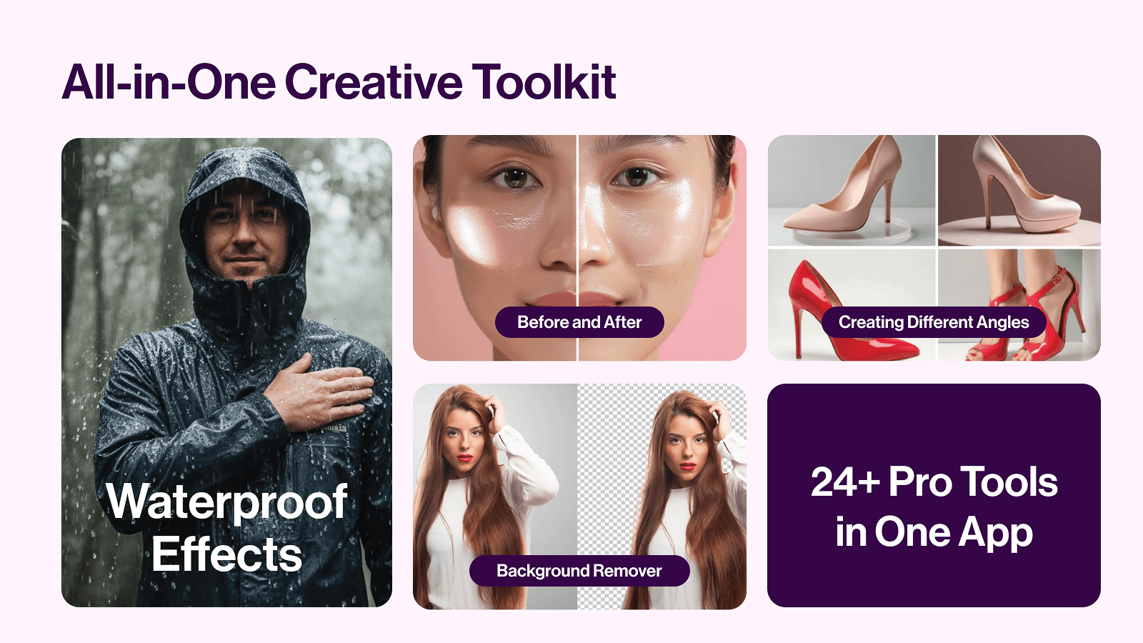AI toolkit, background remover, clean studio & lifestyle scenes