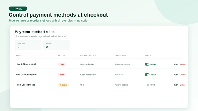 App dashboard listing payment rules with active toggles