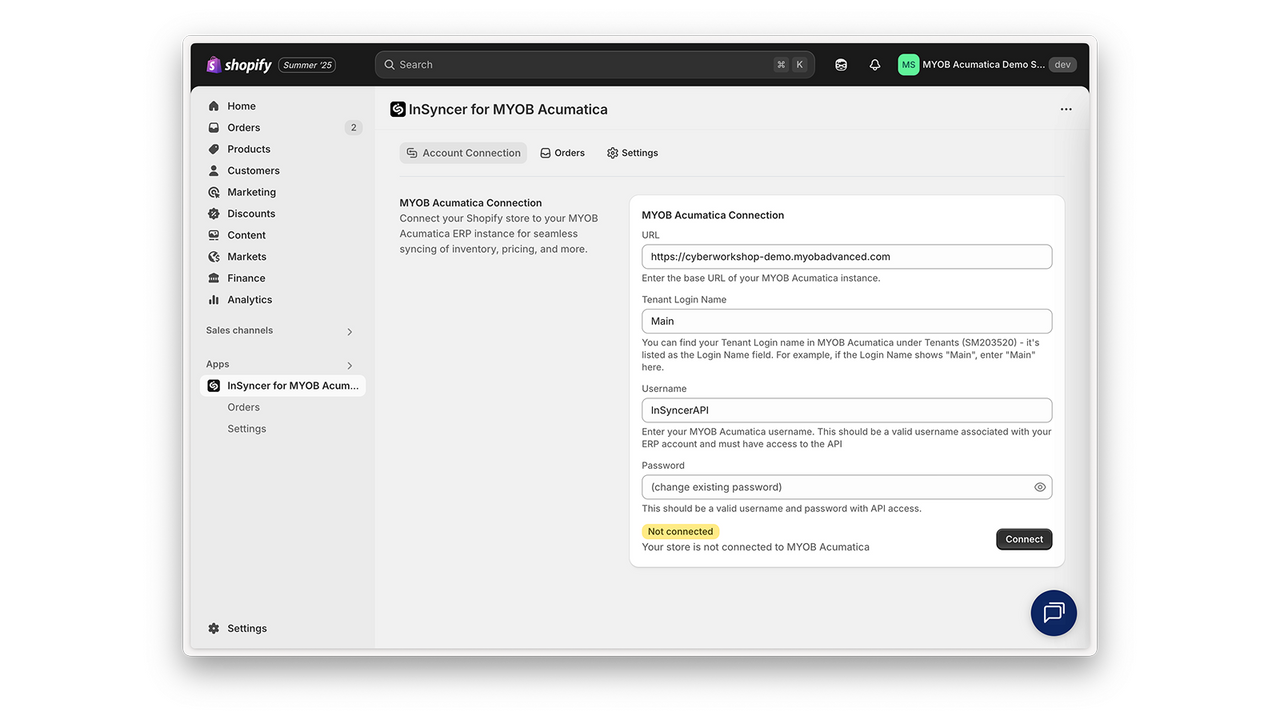 MYOB Acumatica Shopify integration setup ERP connection page