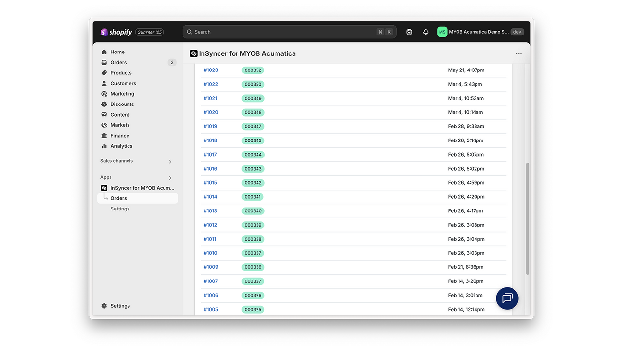 Shopify MYOB Acumatica order sync dashboard ERP integration