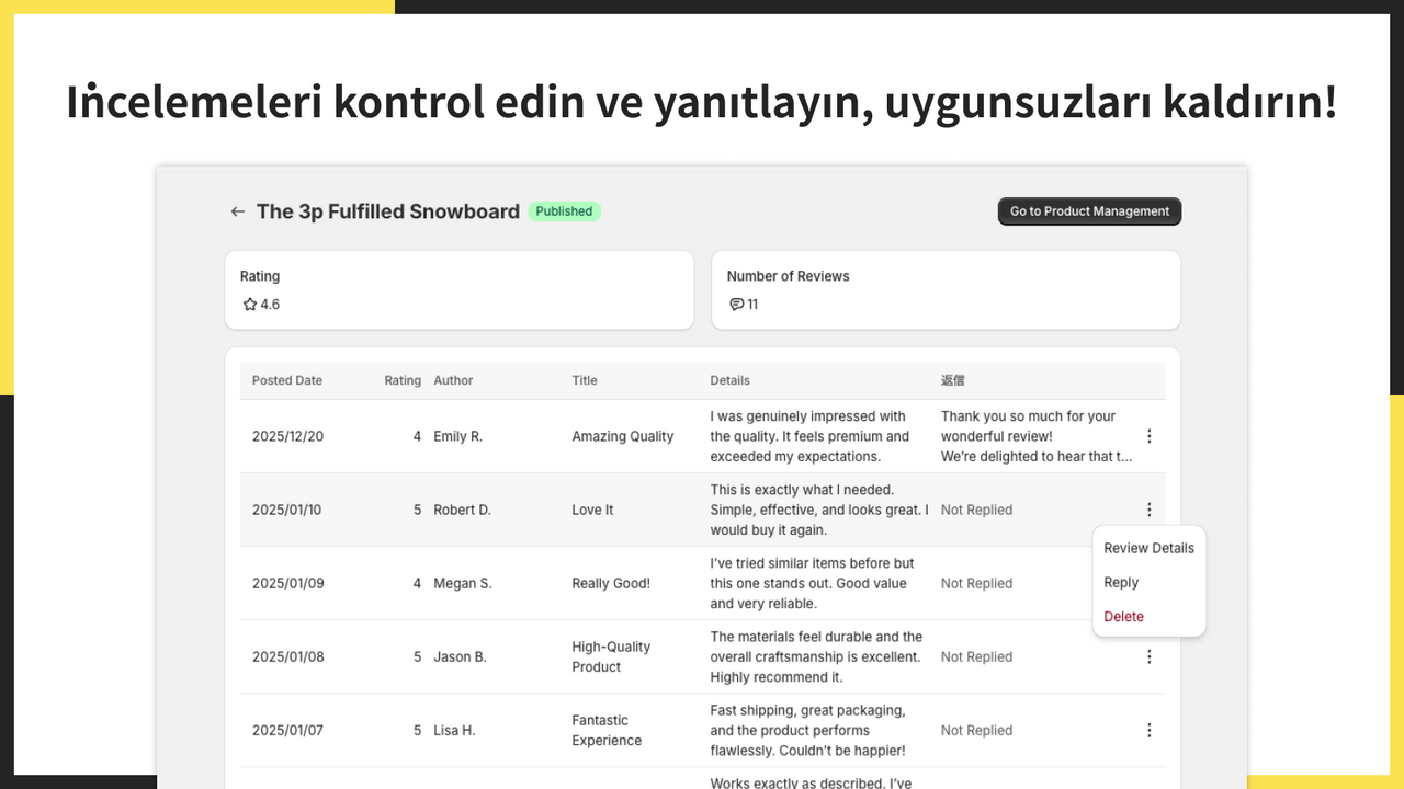 İncelemeleri kontrol edin ve yanıtlayın, uygunsuzları kaldırın!