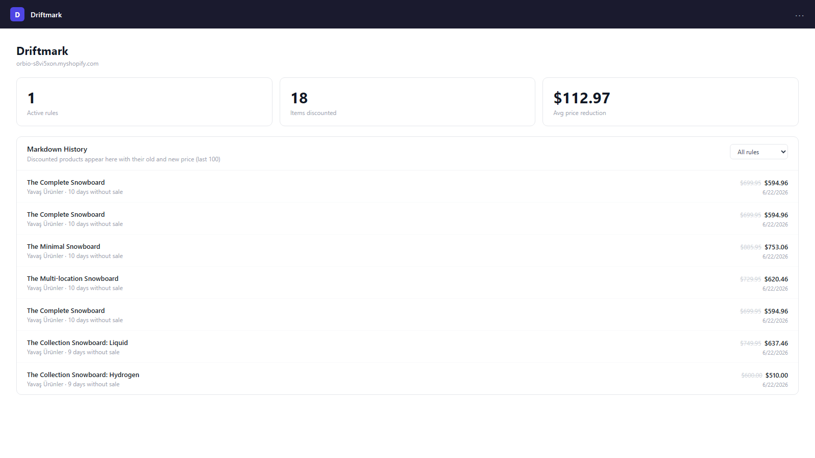 Markdown history showing products auto-discounted