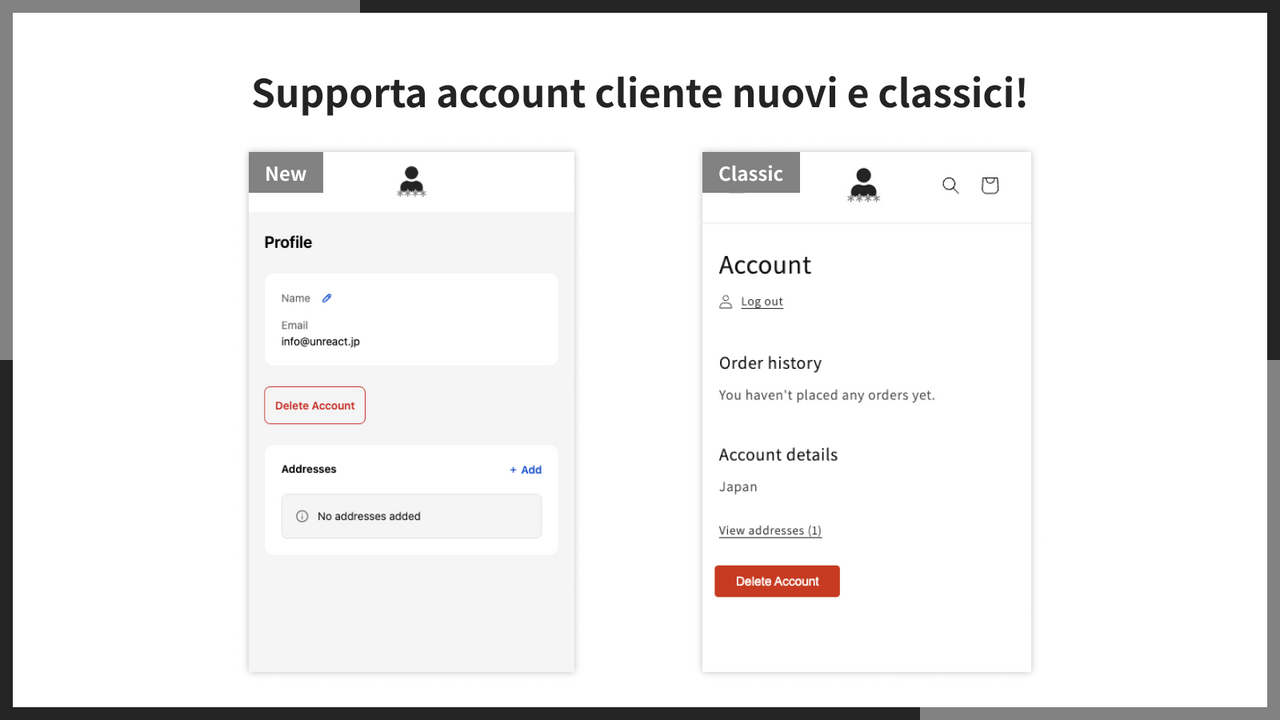 Supporta account cliente nuovi e classici!