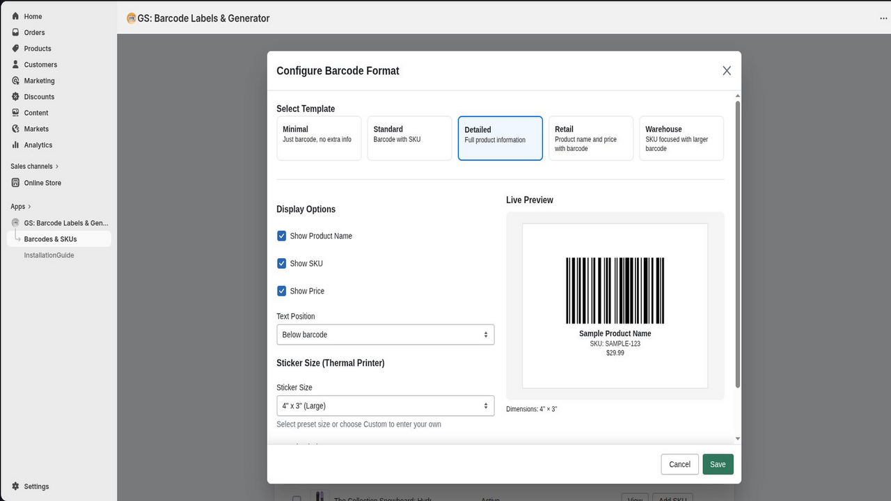 Configure barcode format with templates and live preview