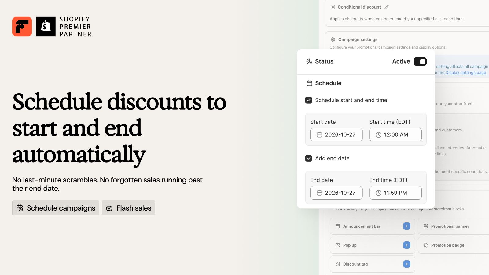 Set a start and end time for your discounts and other functions