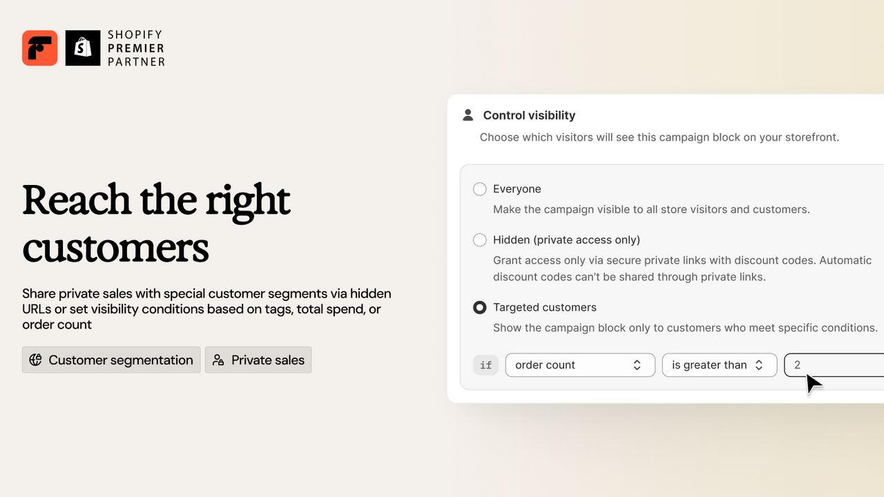 Share promos via URL or customers based on tags, spend, orders