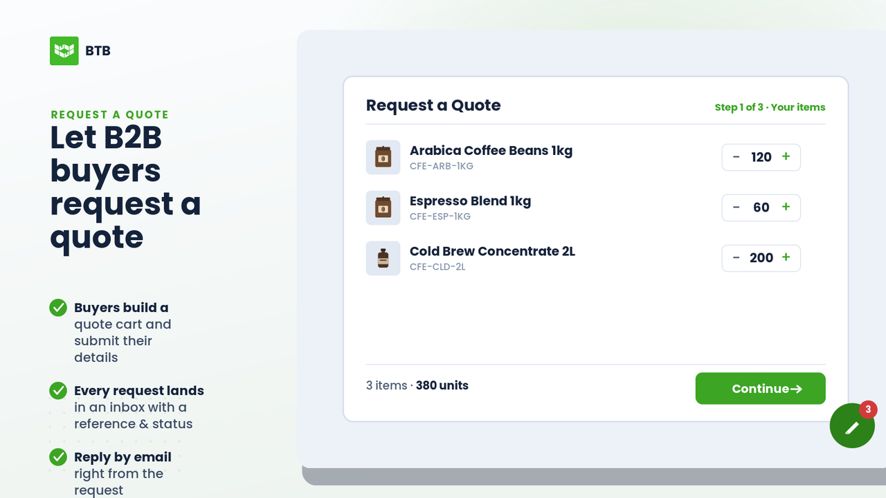 Request a quote form — B2B buyer submitting a wholesale quote ca