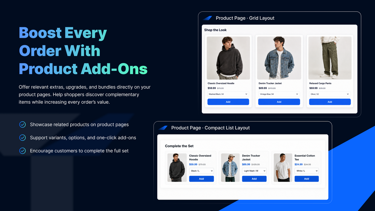 Product page add-ons in grid and compact layouts