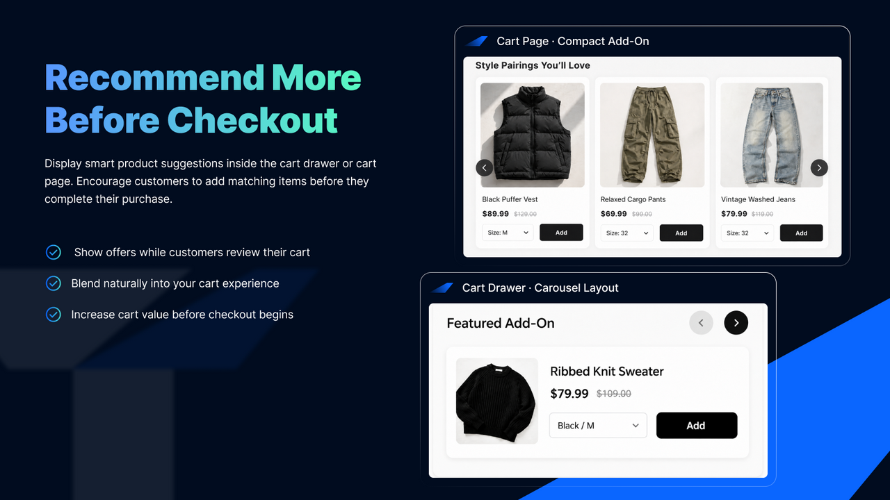 Cart page and drawer product add-on recommendations