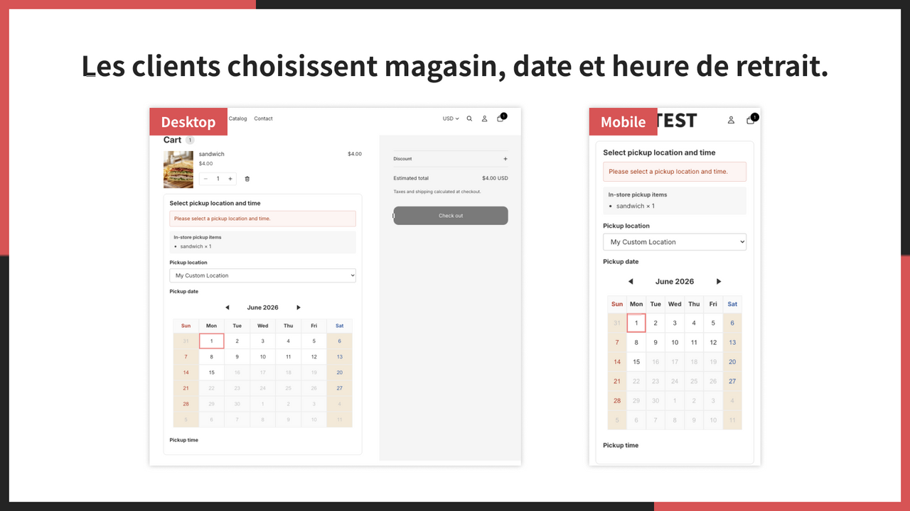 Les clients choisissent magasin, date et heure de retrait.