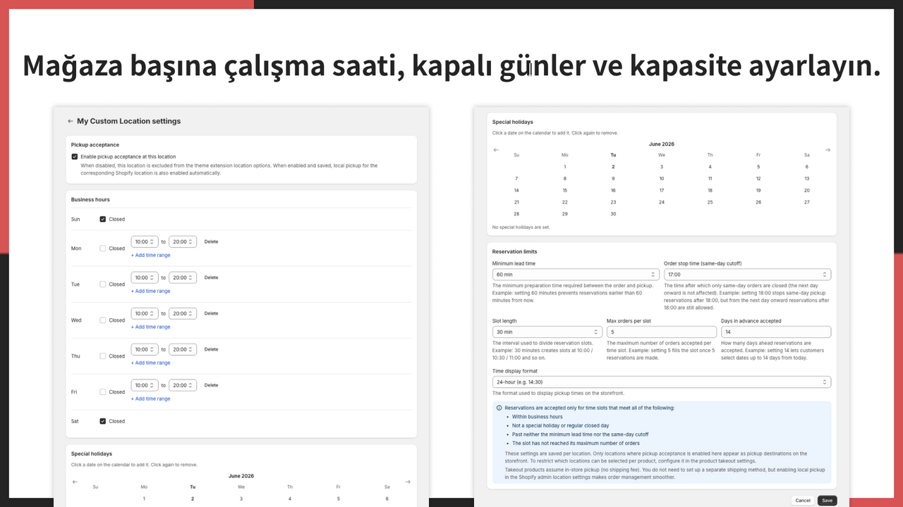 Mağaza başına çalışma saati, kapalı günler ve kapasite ayarlayın