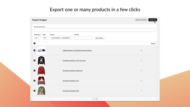 Mega Media Exporter – table of products available for export