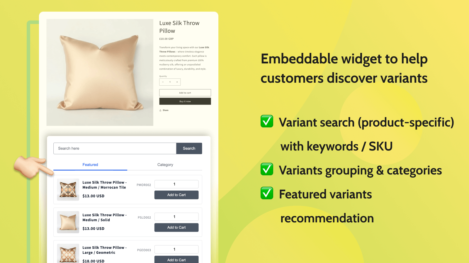 Shopify variant search, variant category, featured variant.
