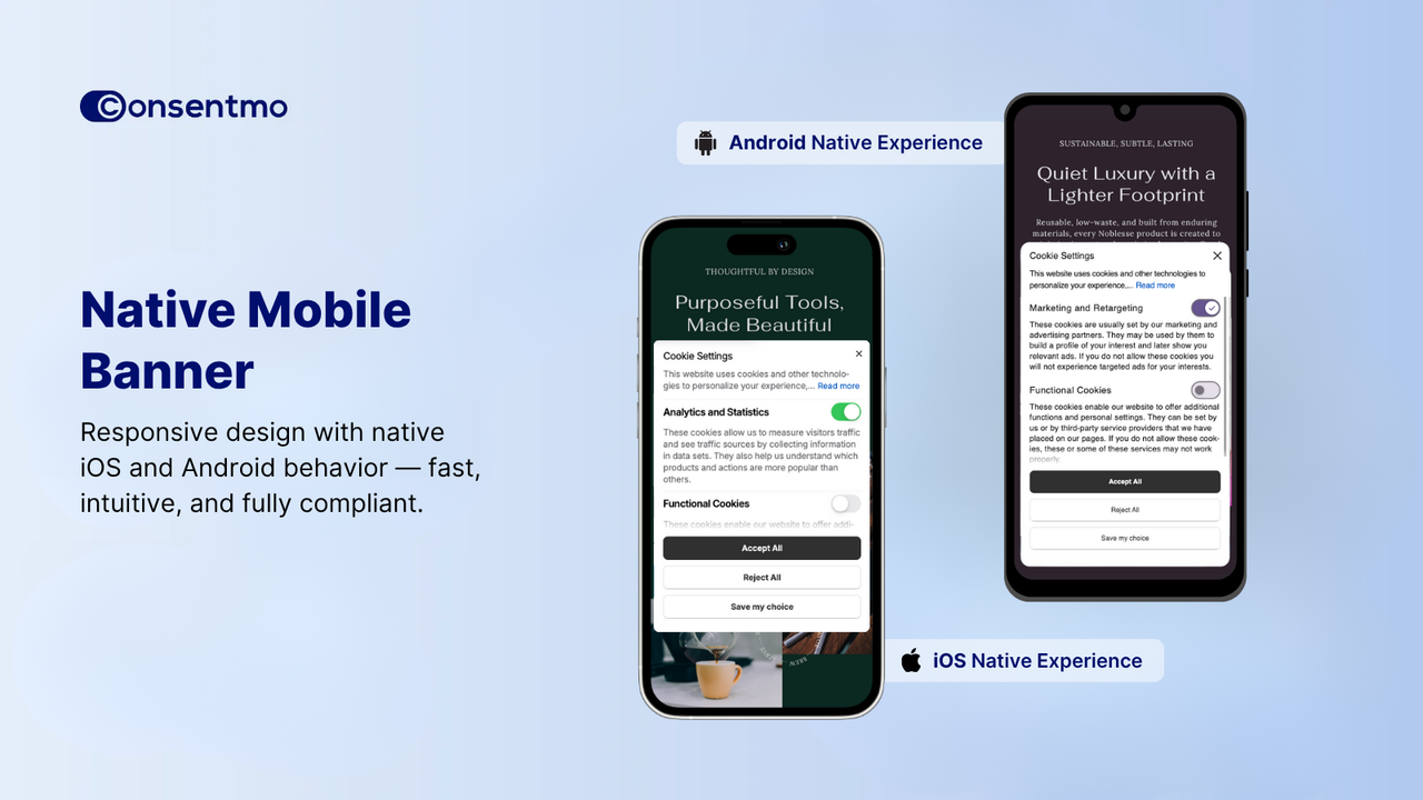 Consentmo native iOS Android mobile cookie banner GDPR CCPA
