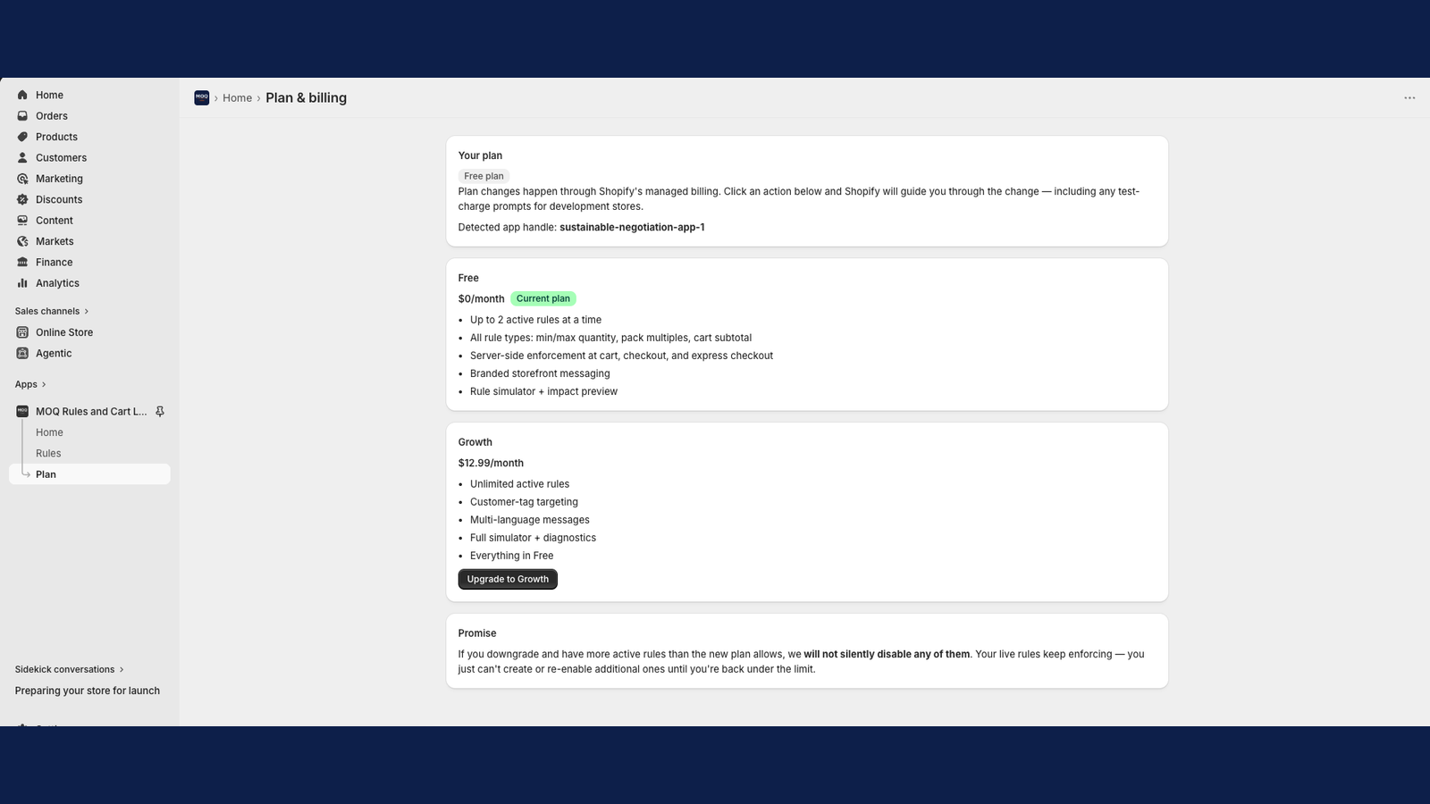 Storefront product page with branded MOQ message