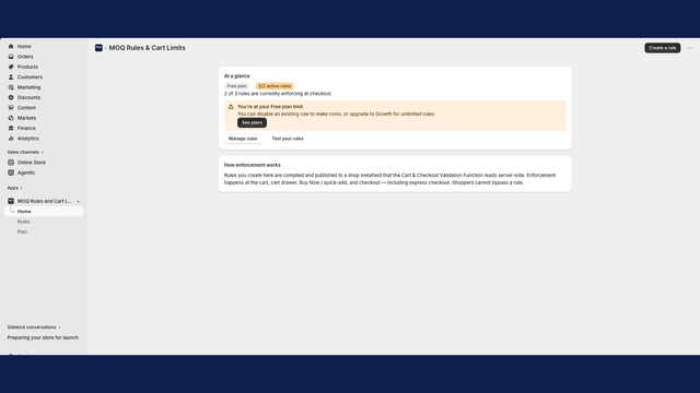 MOQ Rules dashboard showing active rules and Free plan