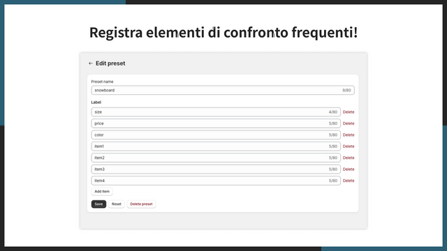 Registra elementi di confronto frequenti!